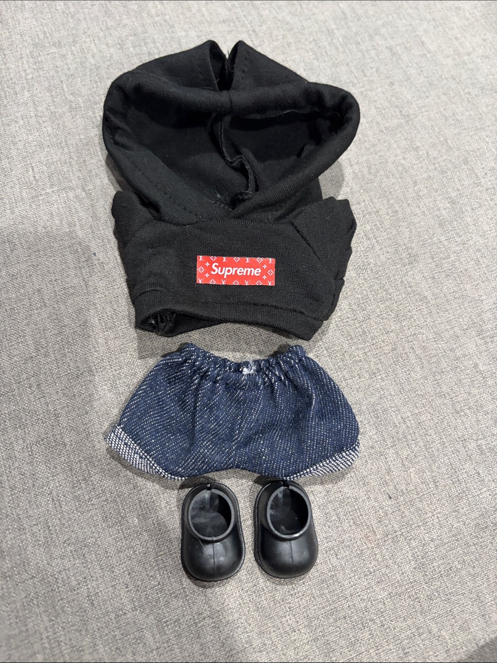 Labubu or Small Doll Supreme Black Hoodie with Shorts and Shoes